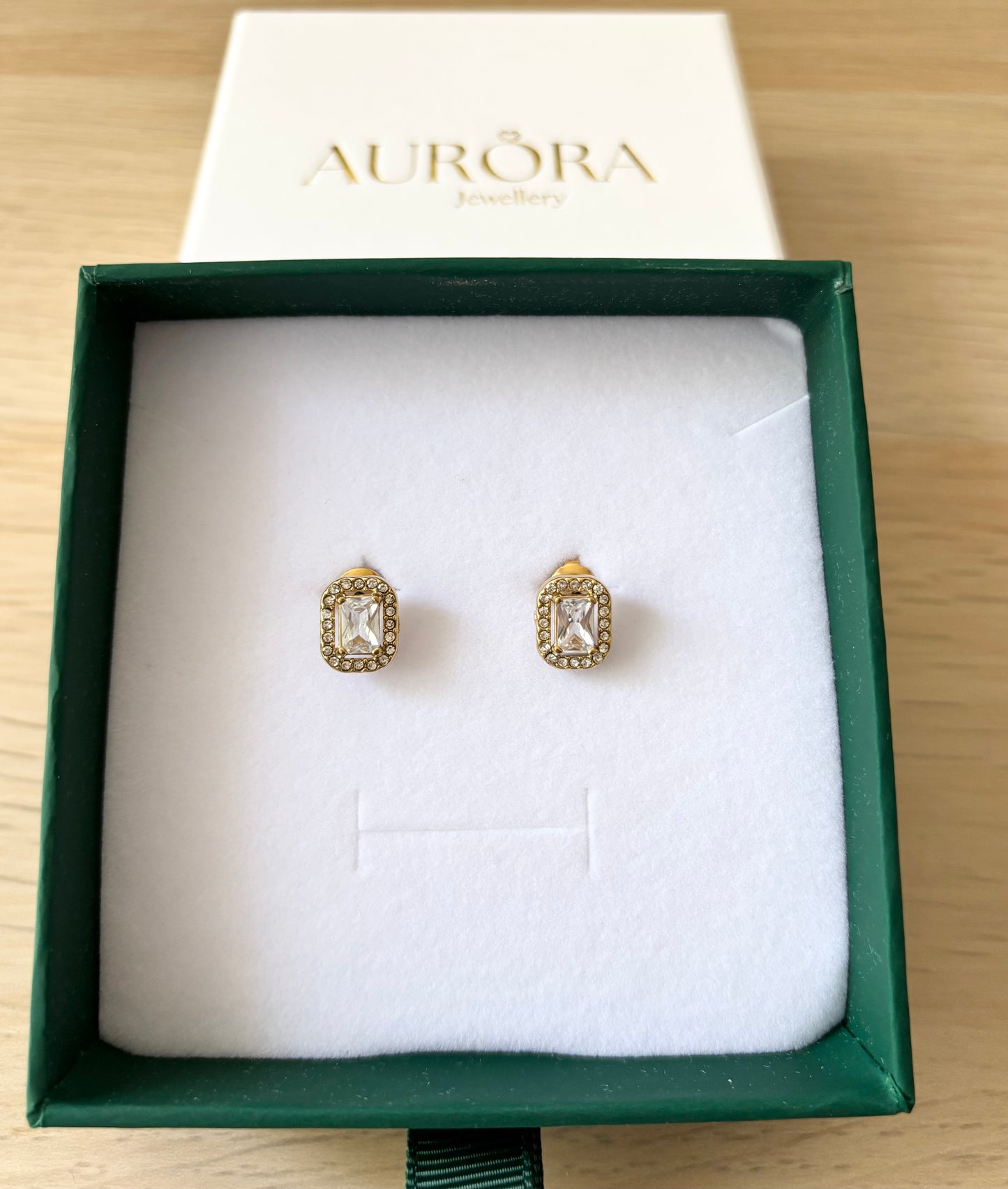 Emerald Cut Diamanté Gold Earrings